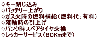 ♢キー閉じ込み ♢バッテリー上がり ♢ガス欠時の燃料補給（燃料代：有料） ♢落輪時の引上げ ♢パンク時スペアタイヤ交換 ♢レッカーサービス（６０Kmまで）